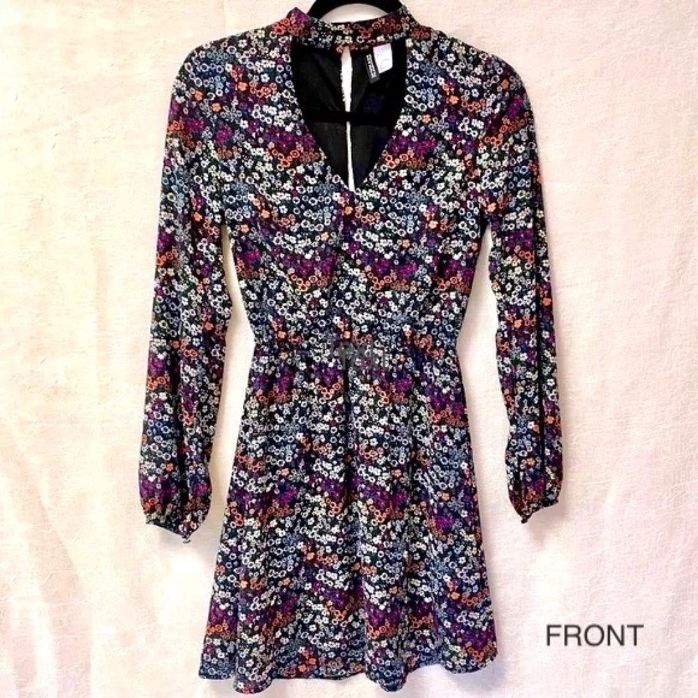 H&M Floral Print Choker Mini Dress with Keyhole Neckline - Long Sleeve - Size 4